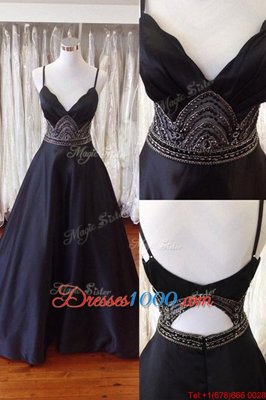 Satin Sleeveless With Train Prom Evening Gown Sweep Train and Beading