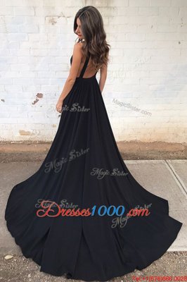 Sweet V-neck Sleeveless Homecoming Dress With Train Court Train Ruching Black Chiffon