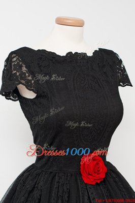 Pretty Lace Black Backless Evening Dress Hand Made Flower Cap Sleeves Knee Length
