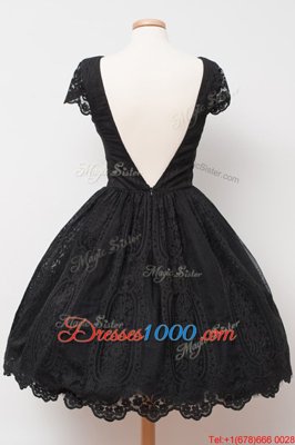 Pretty Lace Black Backless Evening Dress Hand Made Flower Cap Sleeves Knee Length