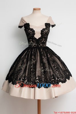 Glorious Black Zipper Scoop Lace Dress for Prom Satin Cap Sleeves