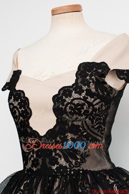 Glorious Black Zipper Scoop Lace Dress for Prom Satin Cap Sleeves