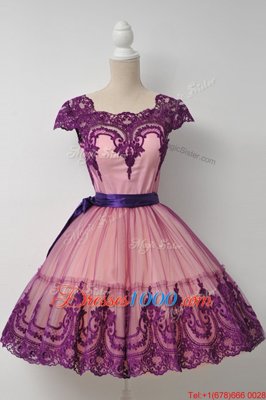 Purple Cap Sleeves Tulle Zipper Prom Dress for Prom and Party