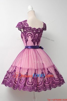 Purple Cap Sleeves Tulle Zipper Prom Dress for Prom and Party