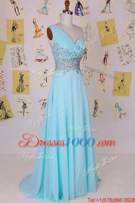 High End Aqua Blue One Shoulder Side Zipper Beading Prom Party Dress Brush Train Sleeveless