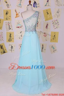 High End Aqua Blue One Shoulder Side Zipper Beading Prom Party Dress Brush Train Sleeveless