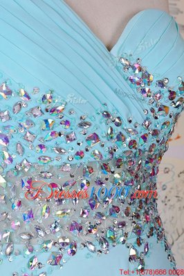 High End Aqua Blue One Shoulder Side Zipper Beading Prom Party Dress Brush Train Sleeveless