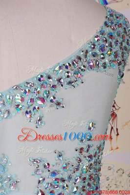 High End Aqua Blue One Shoulder Side Zipper Beading Prom Party Dress Brush Train Sleeveless