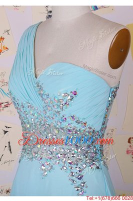 High End Aqua Blue One Shoulder Side Zipper Beading Prom Party Dress Brush Train Sleeveless