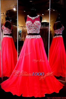 Scoop Red A-line Beading Evening Dress Backless Chiffon Sleeveless With Train