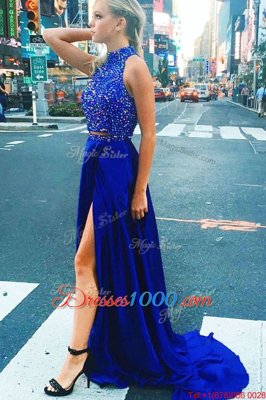 Customized Royal Blue Zipper High-neck Beading Satin Sleeveless Sweep Train