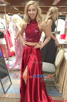 Customized Royal Blue Zipper High-neck Beading Satin Sleeveless Sweep Train