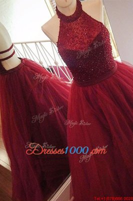 Graceful Halter Top Burgundy Sleeveless Sweep Train Beading With Train Prom Party Dress