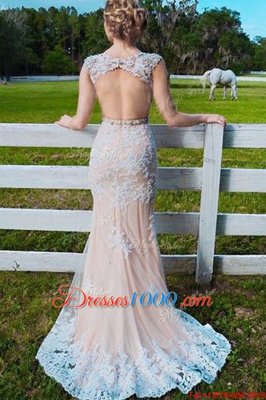 Mermaid Scoop Sleeveless With Train Beading and Appliques Backless Prom Gown with Champagne Sweep Train