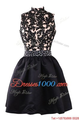 Custom Design High-neck Sleeveless Prom Party Dress Knee Length Beading and Appliques Black Satin