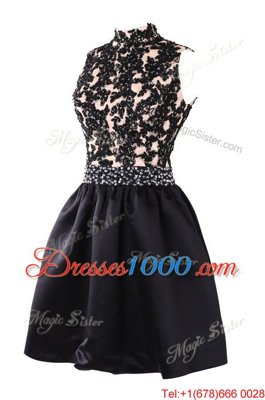 Custom Design High-neck Sleeveless Prom Party Dress Knee Length Beading and Appliques Black Satin