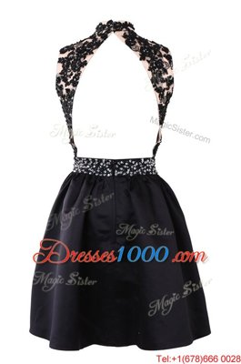 Custom Design High-neck Sleeveless Prom Party Dress Knee Length Beading and Appliques Black Satin