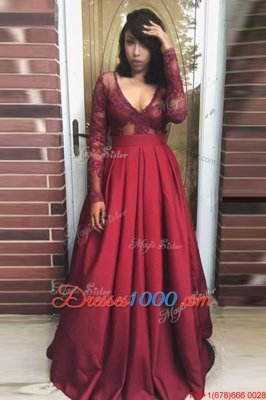 Burgundy A-line Satin V-neck Long Sleeves Beading and Appliques and Pleated Floor Length Zipper Dress for Prom