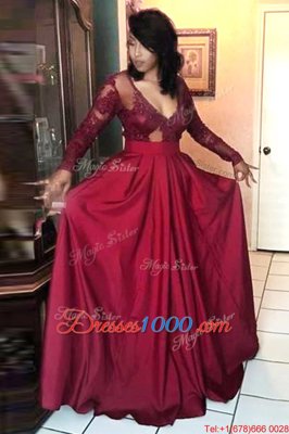 Burgundy A-line Satin V-neck Long Sleeves Beading and Appliques and Pleated Floor Length Zipper Dress for Prom