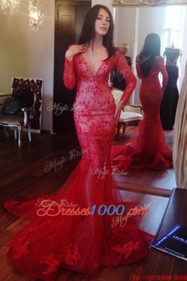 Pretty Mermaid Tulle V-neck Long Sleeves Sweep Train Zipper Beading and Lace Prom Dresses in Red
