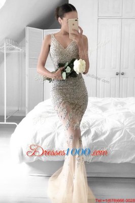 Mermaid Tulle V-neck Sleeveless Sweep Train Zipper Beading and Lace Going Out Dresses in Champagne