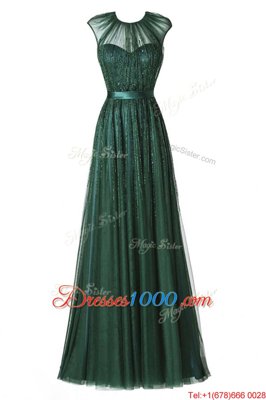 Wonderful Dark Green A-line Tulle Scoop Cap Sleeves Beading and Pleated Floor Length Zipper Prom Dress