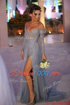 Off the Shoulder Grey Column/Sheath Beading and Ruching Zipper Organza Long Sleeves With Train