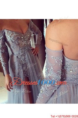 Off the Shoulder Grey Column/Sheath Beading and Ruching Zipper Organza Long Sleeves With Train