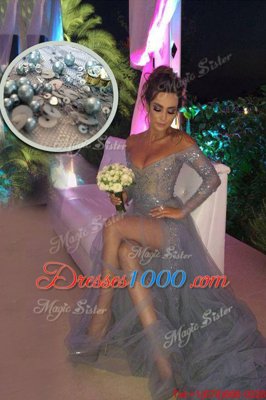 Off the Shoulder Grey Column/Sheath Beading and Ruching Zipper Organza Long Sleeves With Train