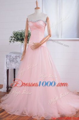 Luxurious Pink A-line Beading and Ruching Prom Evening Gown Zipper Organza Sleeveless With Train