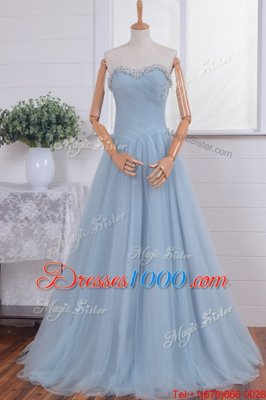 Luxurious Pink A-line Beading and Ruching Prom Evening Gown Zipper Organza Sleeveless With Train