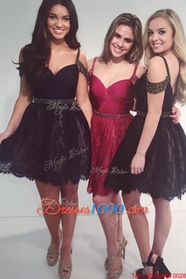 Excellent Lace Sleeveless Mini Length Beading Zipper Prom Evening Gown with Black