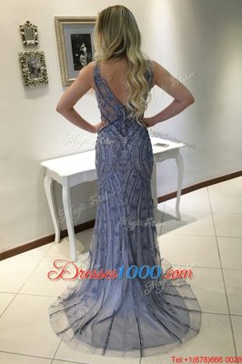 Mermaid Blue V-neck Backless Beading and Appliques Prom Evening Gown Sweep Train Sleeveless