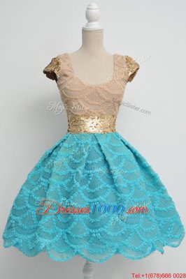New Style Scoop Lace Cap Sleeves Knee Length Evening Dress and Sequins