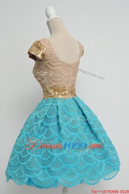 New Style Scoop Lace Cap Sleeves Knee Length Evening Dress and Sequins