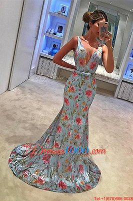 Custom Design Mermaid Sleeveless Chiffon With Train Sweep Train Zipper Prom Party Dress in Blue for with Bowknot
