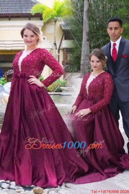 Dazzling Burgundy Satin Zipper Scoop Long Sleeves With Train Dress for Prom Sweep Train Beading