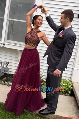 Dramatic Halter Top Sleeveless Sweep Train Beading Backless Prom Dresses