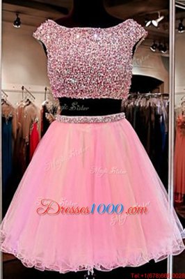 Stylish Pink Cap Sleeves Tulle Zipper Evening Dress for Party