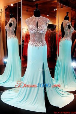 Pretty Aqua Blue Ball Gowns Chiffon High-neck Cap Sleeves Beading With Train Backless Prom Party Dress Sweep Train