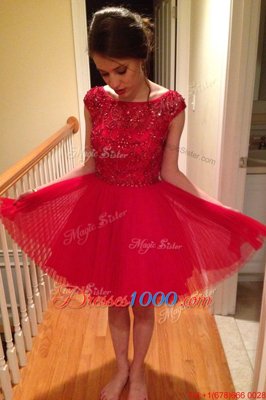 Stunning Bateau Cap Sleeves Cocktail Dresses Knee Length Beading Red Tulle
