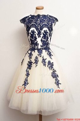 Best Scalloped Cap Sleeves Tulle Prom Dress Appliques Zipper