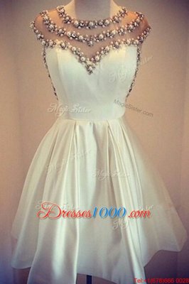 Scoop Cap Sleeves Satin Mini Length Zipper Prom Party Dress in White for with Beading