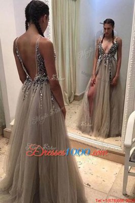 Dramatic Champagne Backless Going Out Dresses Beading Sleeveless Sweep Train