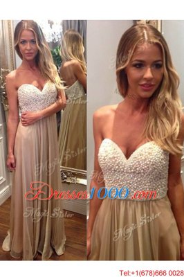 Extravagant Sleeveless Floor Length Beading and Ruching Zipper Prom Dresses with Champagne