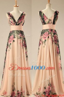 Super Sweep Train A-line Homecoming Dress Champagne V-neck Chiffon Sleeveless Zipper