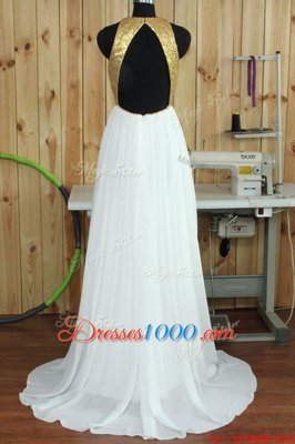 Affordable Scoop White Sleeveless Sweep Train Sequins Homecoming Dress