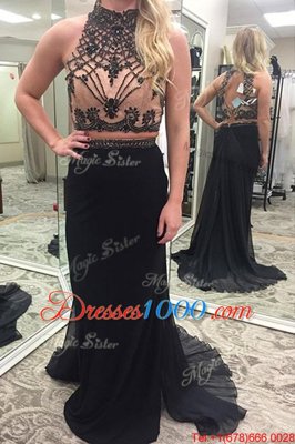 Sleeveless Brush Train Backless Appliques and Belt Prom Evening Gown