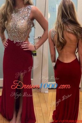 Custom Designed Burgundy Evening Dress Bateau Sleeveless Brush Train Backless