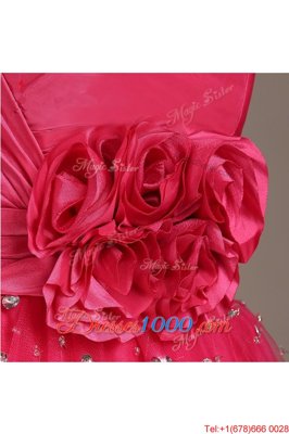 Elegant Knee Length Lace Up Prom Dresses Coral Red and In for Prom and Party with Beading and Hand Made Flower